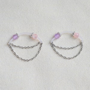 Purple Pink Shining Beads Nipple Non-Piercing With Chain, Nipple Jewelry Barbell Stud, Fake Piercing Sexy Body Jewelry, Gift For Her, Mature