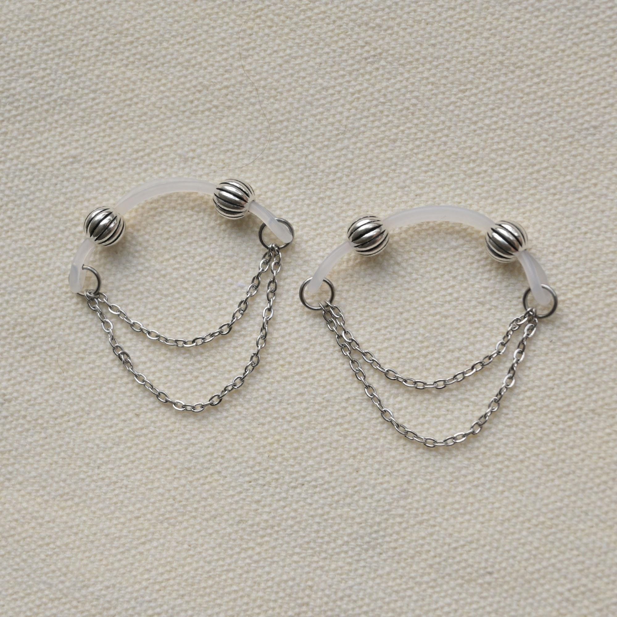 S925 Silver Beads Nipple Clamps, Handmade Non Piercing Nipple Jewellery, Adjustable Fake Piercing Nipple Barbell Nooses, Gift For Her,Mature