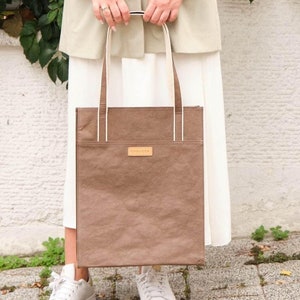 Brown Shoulder Bag, Unisex City Tote Bag, Large Capacity Tote, Lightweight Tote Bag, Washable Paper Bag, Vegan Tote Bag
