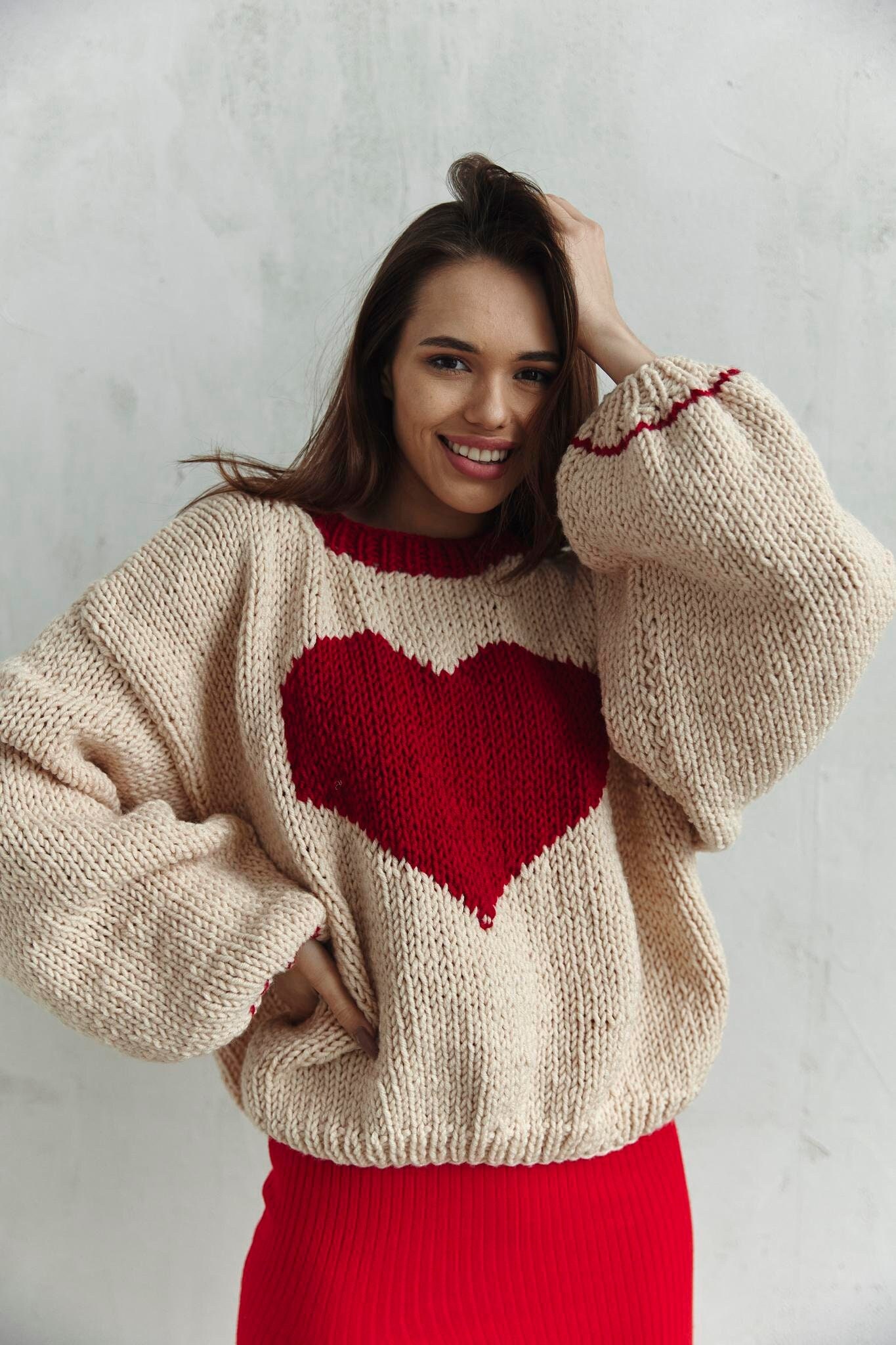 Heart Sweater Knitting Pattern, Oversize Knit Sweater Pattern, Knit Sweater  Pattern 