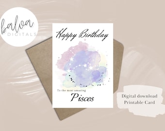 Birthday card Pisces, Printable birthday card Pisces, Printable Pisces birthday card, birthday card, Pisces