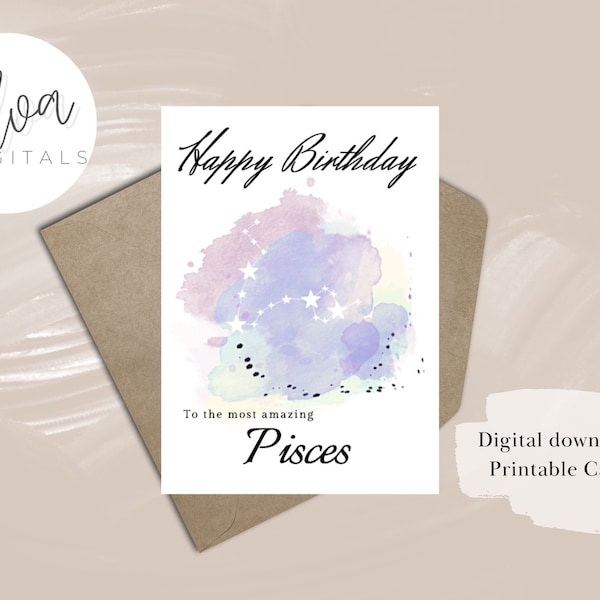 Birthday card Pisces, Printable birthday card Pisces, Printable Pisces birthday card, birthday card, Pisces