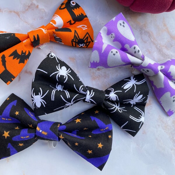 Dog Bow Ties Halloween Fun Character Pet Bow Ties Dog Cat Multiple Sizes and Colours Spiders Pumpkins Witch Hat Ghost Purple Orange Black