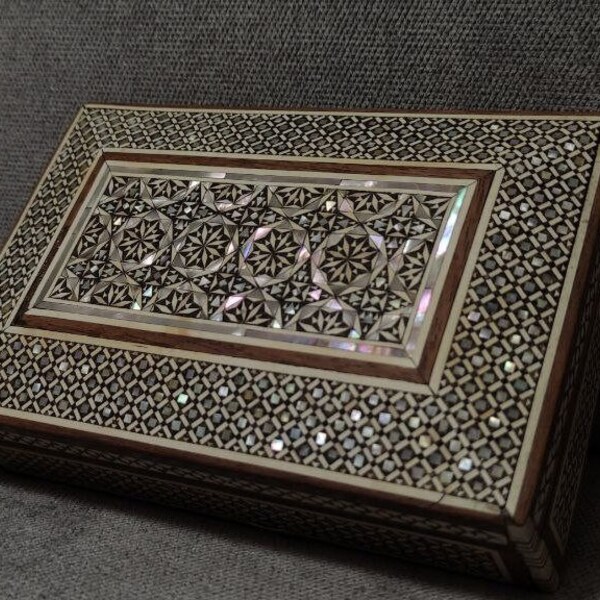 Boîte à bijoux en bois incrusté de perles, boîte à bijoux de Style Oriental, Vintage