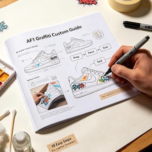 May include: An instructional guide titled AF1 Graffiti Custom Guide featuring line drawings of sneakers, a process flow chart for prep, paint, and seal steps, and a small photograph showing a hand coloring a sneaker with markers and paint.