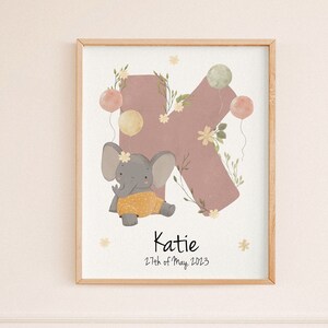 Benutzerdefinierte Elefant Name Initial Print | Personalisiertes Aquarell Geburt Poster | Mädchen Kinderzimmer Wandkunst | Blush Safari | DIGITALER DOWNLOAD