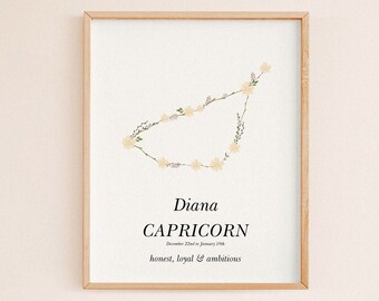 Floral Zodiac Constellation Birth Poster | Custom Watercolor Wall Art | Personalized Nursery Astrology Decor | Name Print | DIGITAL DOWNLOAD