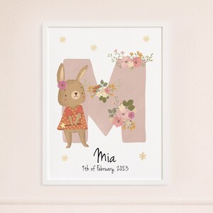 Cartel de nacimiento de conejito floral / Nombre inicial del bebé Letra Arte de la pared / Impresión de animales lindos del bosque bohemio / Decoración de vivero de niña personalizada / Revelación de género
