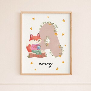 Cartel inicial de nombre de zorro personalizado / Decoración de vivero personalizada / Arte de pared de bosque de acuarela / Impresión de letra inicial / DESCARGA DIGITAL