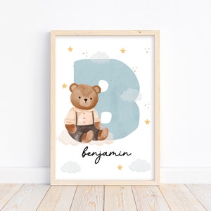 Cartel inicial del nombre del oso de peluche personalizado / Decoración de la guardería personalizada / Arte de la pared del bosque de la acuarela / Impresión de la letra inicial / DESCARGA DIGITAL