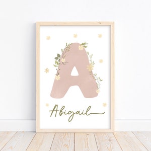 Cartel de letra inicial floral / Arte de pared de acuarela personalizado / Decoración de vivero de niña personalizada / Impresión de nombre boho lindo / DESCARGA DIGITAL