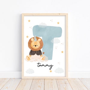 inicial feita sob encomenda do nome do leão pôster | Decoração de berçário personalizada | arte de parede de safári em aquarela | Impressão de carta inicial | DOWNLOAD DIGITAL