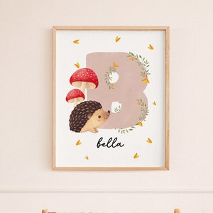 inicial conhecida do porco- poster | Decoração personalizada do berçário do ouriço | arte de parede de floresta em aquarela | Impressão de letras personalizadas | DOWNLOAD DIGITAL