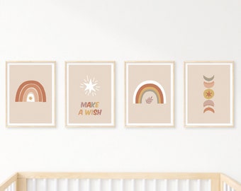 Set of 4 Celestial Boho Prints | Moon Rainbows And Stars Poster | Make A Wish Quote | Gender Neutral Nursery Wall Art | DIGITAL DOWNLOAD