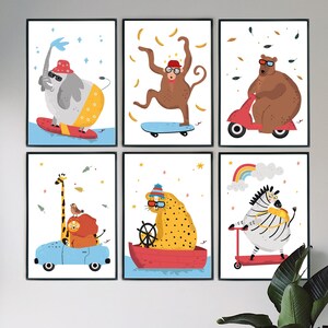Divertido conjunto de carteles de animales de safari / jirafa, oso, guepardo, león, mono, cebra, elefante estampado / arte de pared de sala de juegos para niños / DESCARGA DIGITAL