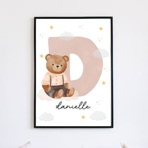 Inicial feita sob encomenda do nome do urso de peluche pôster | Decoração de berçário personalizada | arte de parede de floresta em aquarela | Impressão de carta inicial | DOWNLOAD DIGITAL