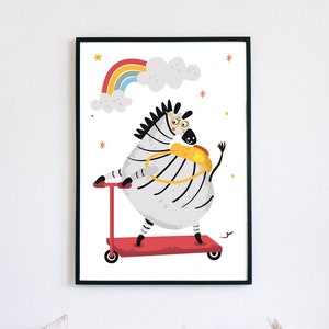 Cartel divertido de cebra en scooter / Lindo estampado de animales safari en acuarela / Arte de pared de sala de juegos aventurero / Decoración de vivero de cadera / DESCARGA DIGITAL
