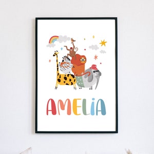 Nombre personalizado Safari Animals Poster / Funny Custom Nursery Decor / Kids Playroom Wall Art / Género Neutral Baby Print