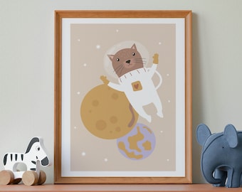 Cat Astronaut Nursery Wall Art | Kitten in Space Poster | Animals in Outer Space Print | Gender Neutral Decor | DIGITAL DOWNLOAD