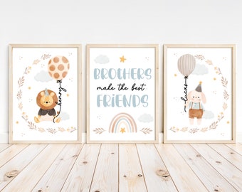 Custom Brothers Shared Room Poster Set | Lion & Bunny Name Print | Boho Nursery | Brothers Make The Best Friends Wall Art | DIGITAL DOWNLOAD