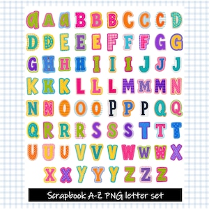 Könnte beinhalten: Eine digitale Sammlung von Buchstaben des Alphabets von A bis Z in verschiedenen bunten Mustern, darunter Punkte, Streifen und Karos. Die Buchstaben sind in Reihen auf weißem Hintergrund angeordnet mit dem Text Scrapbook A-Z PNG letter set.