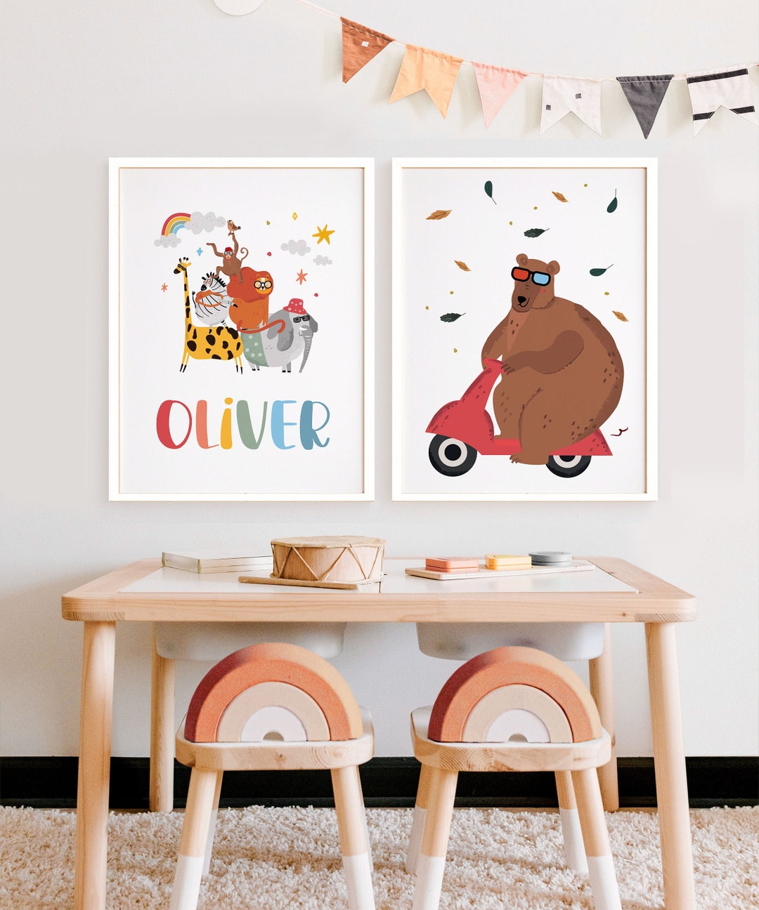 Bear on Scooter Name Poster Set | Cute Watercolor Safari Animal Print ...