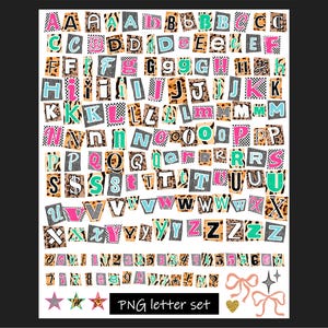 Puede incluir: Un conjunto de letras PNG digitales con el alfabeto y los números en un estilo collage. Cada letra y número está recortado con un estampado de leopardo, rosa, turquesa y un diseño a rayas en blanco y negro. Incluye estrellas, lazos y un corazón.