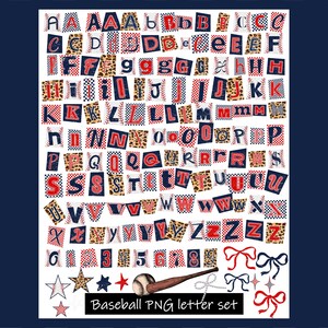 May include: A set of baseball-themed PNG letters and numbers in red, white, and blue. The letters feature patterns like leopard print and checkered designs. The image also includes baseball graphics, such as stars, bows, and a baseball bat. Text on the image reads "Baseball PNG letter set."