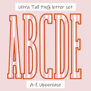 May include: A digital graphic set featuring the letters A, B, C, D, and E in an ultra-tall, uppercase font. Each letter has a light pink and white vertical striped pattern with a bold orange outline. The text Ultra Tall PNG letter set and A-Z Uppercase are visible.