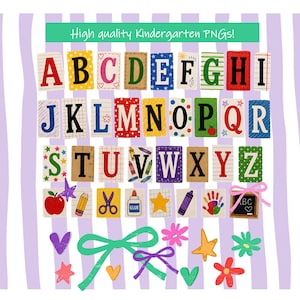 Pode incluir: Uma coleção de letras do alfabeto de A a Z, cada uma em um fundo retangular único com padrões e cores variados. Inclui ícones adicionais como uma maçã, lápis, tesoura, cola, estrela, giz de cera, impressão de mão, lousa e laços.