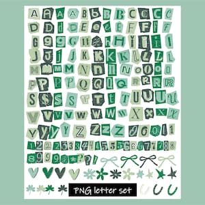Puede incluir: Un collage digital de letras, números y símbolos verdes y grises recortados de varias fuentes. Las letras están en diferentes fuentes y tamaños, con un efecto de papel envejecido. Incluye lazos, corazones, flores y estrellas. Texto: PNG letter set.