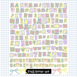 Może przedstawiać: Zestaw pastelowych liter z kwiatowymi i groszkowymi wzorami. Każda litera jest unikalnie zaprojektowana z mieszanką kolorów. Tekst "PNG letter set" jest dołączony.
