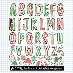 May include: A digital alphabet set featuring letters A through Z in a red and green candy cane striped pattern. The collection includes festive holiday-themed graphics like a Christmas tree, Santa hat, stocking, and gift. Text reads A-Z PNG letter set including graphics!