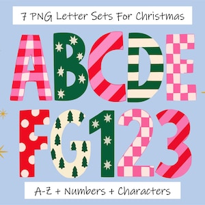 May include: A digital graphic set featuring 7 PNG letter sets for Christmas, displaying letters A through G and numbers 1 through 3 in various patterns including pink gingham, green with stars, red stripes, and pine trees on a light blue background.