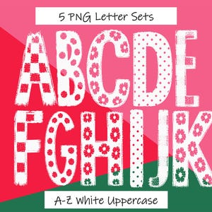 Può includere: Un set grafico digitale con lettere maiuscole dalla A alla K in bianco con vari motivi rossi e rosa, tra cui quadri, pois e disegni floreali. È visualizzato il testo 5 PNG Letter Sets e A-Z White Uppercase.