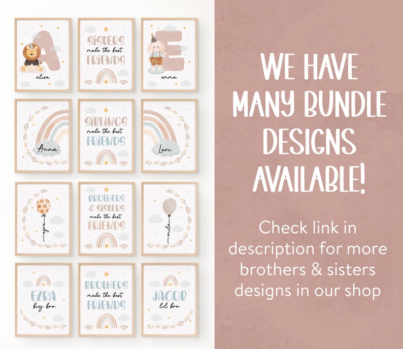 Custom Siblings Shared Room Poster Set Name Print Boho Nursery Decor