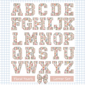 May include: A full alphabet set featuring floral designs. Each letter is adorned with a pattern of flowers in various colors, set against a light pink and white striped background. The words "Floral Pearls" and "Letter Set" are also visible.
