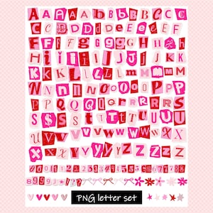 May include: A collage of pink and red cut-out letters, numbers, and symbols on a white backdrop. The text "PNG letter set" is at the bottom. The letters are in different fonts and sizes, creating a scrapbook aesthetic.