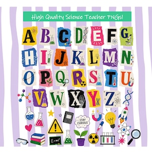 Pode incluir: Um gráfico digital apresentando o alfabeto em estilo de carta de resgate com ícones científicos em cada letra. O texto High Quality Science Teacher PNGS! aparece no topo. Abaixo, vários elementos científicos como béqueres, um foguete e uma lupa sobre um fundo de listras roxas claras.
