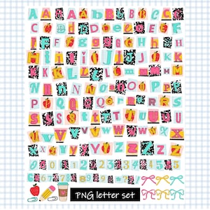 May include: A colorful PNG letter set featuring the alphabet, numbers, and symbols. Each letter is uniquely designed with a mix of colors, patterns, and apple illustrations. The set includes decorative bows and school-themed icons.