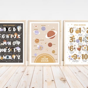 Space Educational Poster Set | Alphabet, Numbers & Solar System | Mixed Background Science Prints | Homeschool Printable | DIGITAL DOWNLOAD