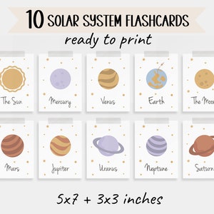 10 Flashcards voor het zonnestelsel | Voorschoolse ruimte Flash-kaarten | Wetenschap voor kinderen | Afdrukbare Montessori Homeschool-activiteit | DIGITALE DOWNLOAD