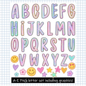 May include: A digital alphabet set featuring letters A through Z in a pastel iridescent finish with dark outlines. The collection includes additional graphic elements such as yellow smiley faces, pink and purple hearts, and colourful stars and flowers.