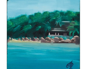 original painting, 20x20cm, oil on canvas, tropical landscape, ocean, jungle, Africa, blue, green