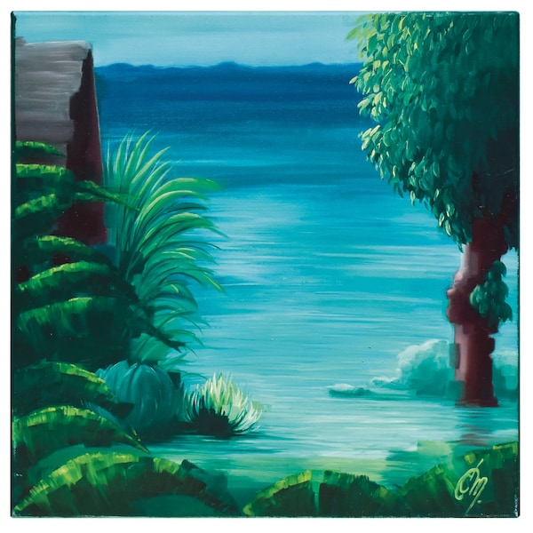 peinture originale, 40x40cm, huile sur toile, paysage tropical, océan, Afrique, Madagascar, bleu, vert