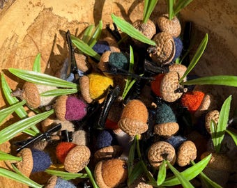 3 Pack of Handmade colorful Needle Felted Acorn Sprout Festival Hat Clips / Hair Clip
