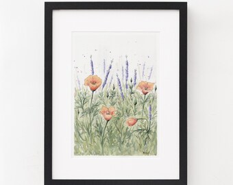 Paarse en oranje wildbloemen aquarel print