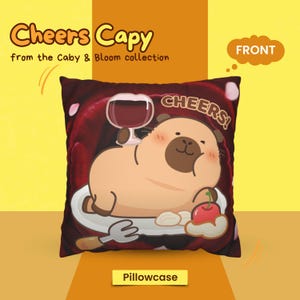 Funda de almohada, diseño de capibara Cheers Capy, linda almohada de animal, cojín de doble cara, decoración de vino, almohada de rosa, regalo estético.