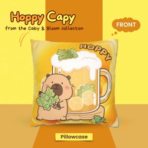 Funda de almohada, almohada de capibara lúpulo, linda decoración de cerveza con animales, cojín de flores amarillas, funda de almohada de doble cara, divertido regalo para el hogar.