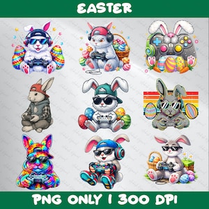 Puede incluir: Una colección de gráficos coloridos con temática de Pascua que presentan conejitos de dibujos animados con sombreros, gafas de sol y auriculares, sosteniendo mandos de videojuegos. La palabra "EASTER" está en la parte superior. El texto inferior dice "PNG ONLY | 300 DPI".